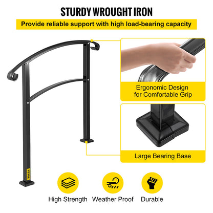 3-Step Transitional Handrail Fits 1 or 3 Steps Matte Stair Rail Wrought Iron Handrail with Installation Kit Hand Rails for Outdoor Steps (Unadjustable) (Black)