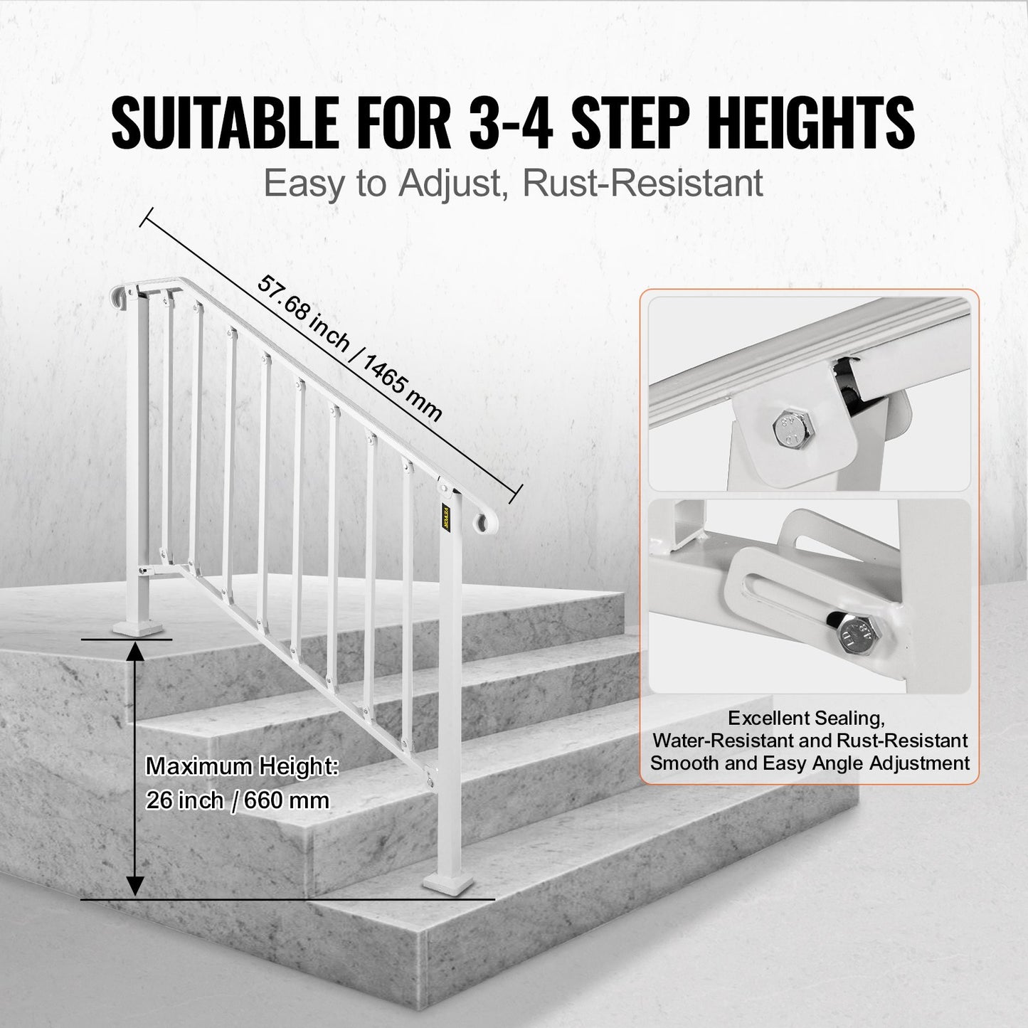 Fit 3 or 4 Steps Outdoor Stair Railing, Handrails for Outdoor Steps, Picket#3 Wrought Iron Handrail, Flexible Porch Railing, White Transitional Handrails for Concrete Steps or Wooden Stairs