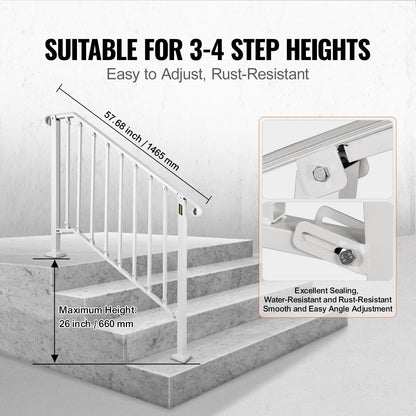 Fit 3 or 4 Steps Outdoor Stair Railing, Handrails for Outdoor Steps, Picket#3 Wrought Iron Handrail, Flexible Porch Railing, White Transitional Handrails for Concrete Steps or Wooden Stairs