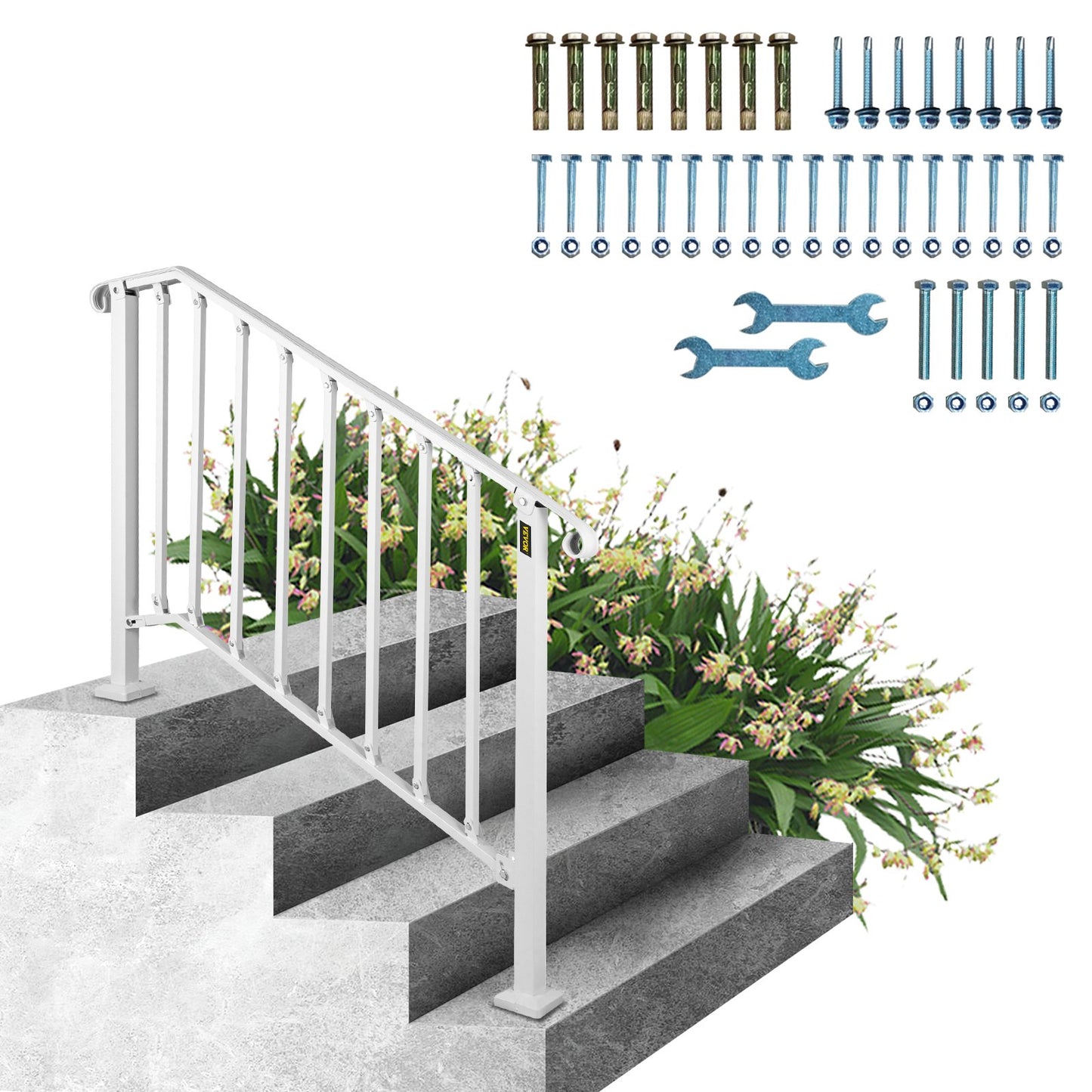 Fit 3 or 4 Steps Outdoor Stair Railing, Handrails for Outdoor Steps, Picket#3 Wrought Iron Handrail, Flexible Porch Railing, White Transitional Handrails for Concrete Steps or Wooden Stairs