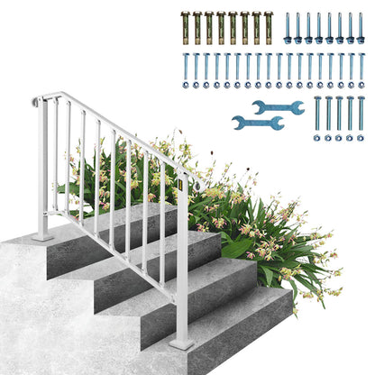 Fit 3 or 4 Steps Outdoor Stair Railing, Handrails for Outdoor Steps, Picket#3 Wrought Iron Handrail, Flexible Porch Railing, White Transitional Handrails for Concrete Steps or Wooden Stairs