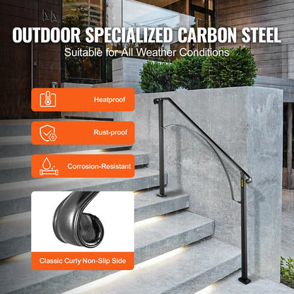 Handrails for Outdoor Steps, Fit 3 or 4 Steps Outdoor Stair Railing, Arch#3 Wrought Iron Handrail, Flexible Porch Railing, Black Transitional Handrails for Concrete Steps or Wooden Stairs
