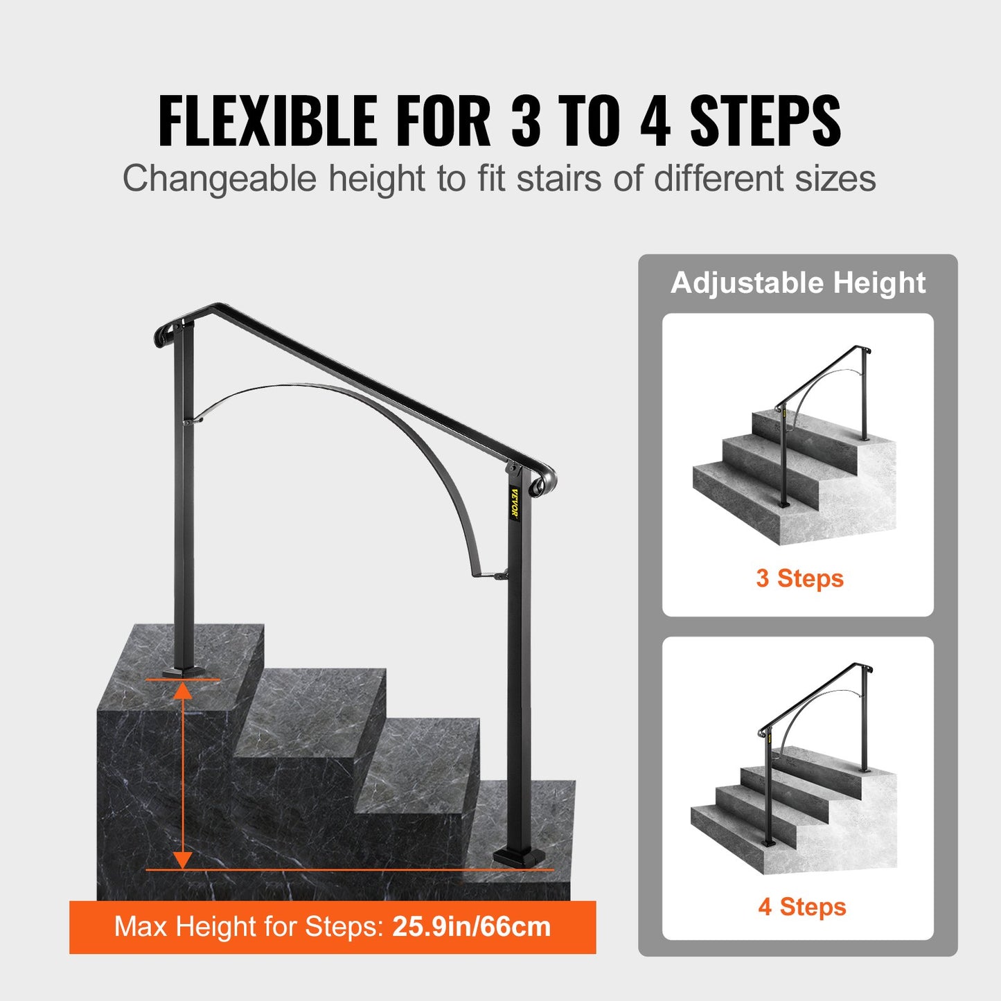 Handrails for Outdoor Steps, Fit 3 or 4 Steps Outdoor Stair Railing, Arch#3 Wrought Iron Handrail, Flexible Porch Railing, Black Transitional Handrails for Concrete Steps or Wooden Stairs