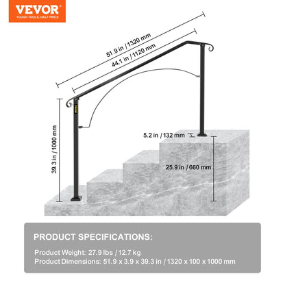 Handrails for Outdoor Steps, Fit 3 or 4 Steps Outdoor Stair Railing, Arch#3 Wrought Iron Handrail, Flexible Porch Railing, Black Transitional Handrails for Concrete Steps or Wooden Stairs
