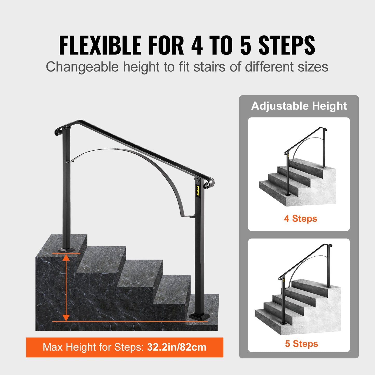 Handrails for Outdoor Steps, Fit 4 or 5 Steps Outdoor Stair Railing, Arch#4 Wrought Iron Handrail, Flexible Porch Railing, Black Transitional Handrails for Concrete Steps or Wooden Stairs