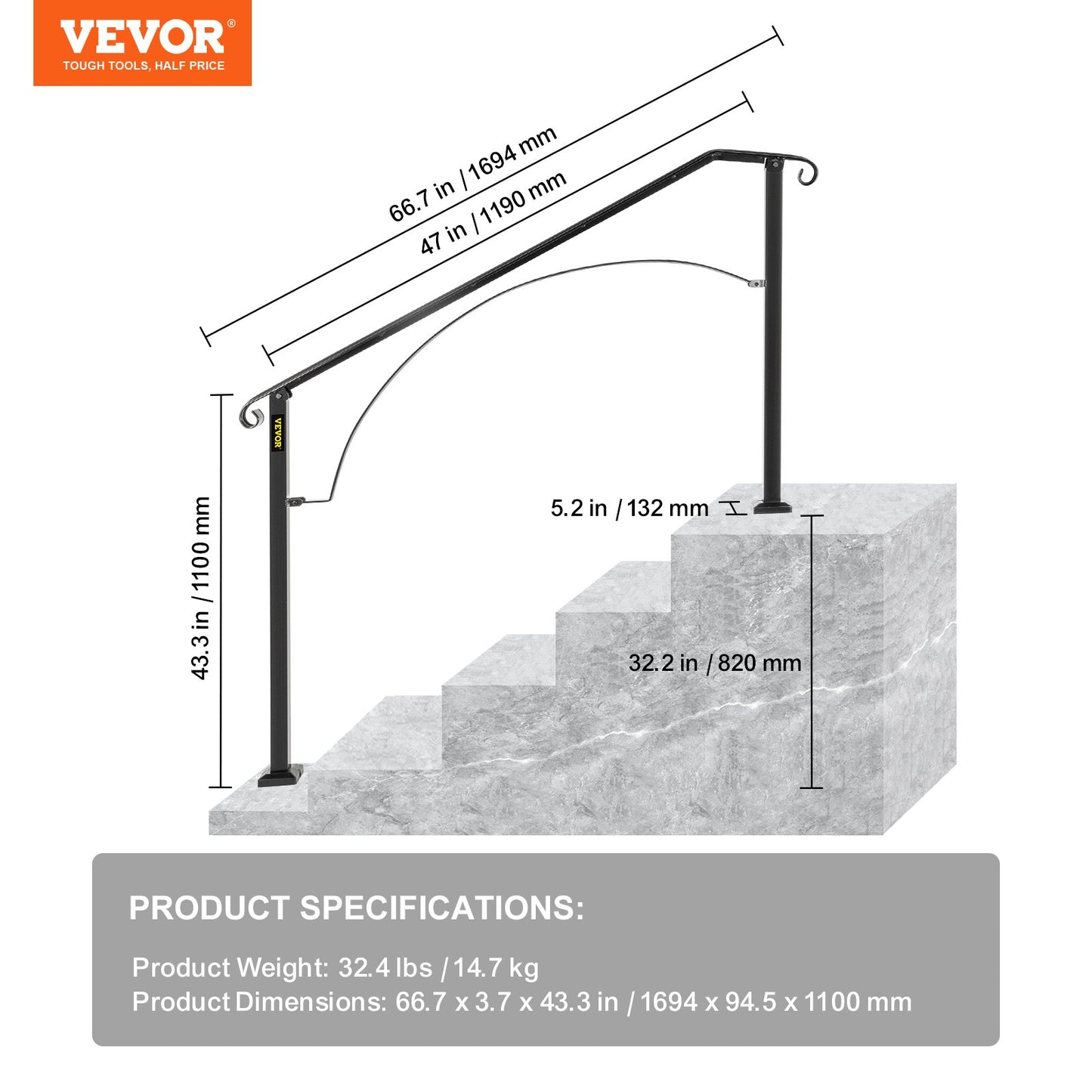 Handrails for Outdoor Steps, Fit 4 or 5 Steps Outdoor Stair Railing, Arch#4 Wrought Iron Handrail, Flexible Porch Railing, Black Transitional Handrails for Concrete Steps or Wooden Stairs