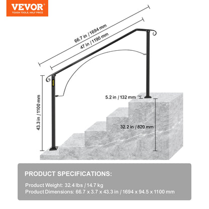 Handrails for Outdoor Steps, Fit 4 or 5 Steps Outdoor Stair Railing, Arch#4 Wrought Iron Handrail, Flexible Porch Railing, Black Transitional Handrails for Concrete Steps or Wooden Stairs