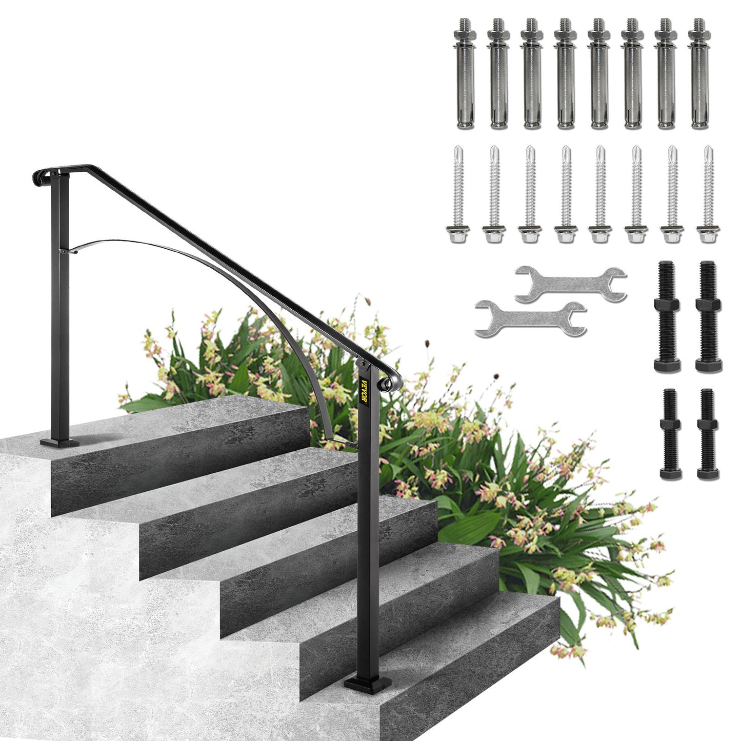 Handrails for Outdoor Steps, Fit 4 or 5 Steps Outdoor Stair Railing, Arch#4 Wrought Iron Handrail, Flexible Porch Railing, Black Transitional Handrails for Concrete Steps or Wooden Stairs