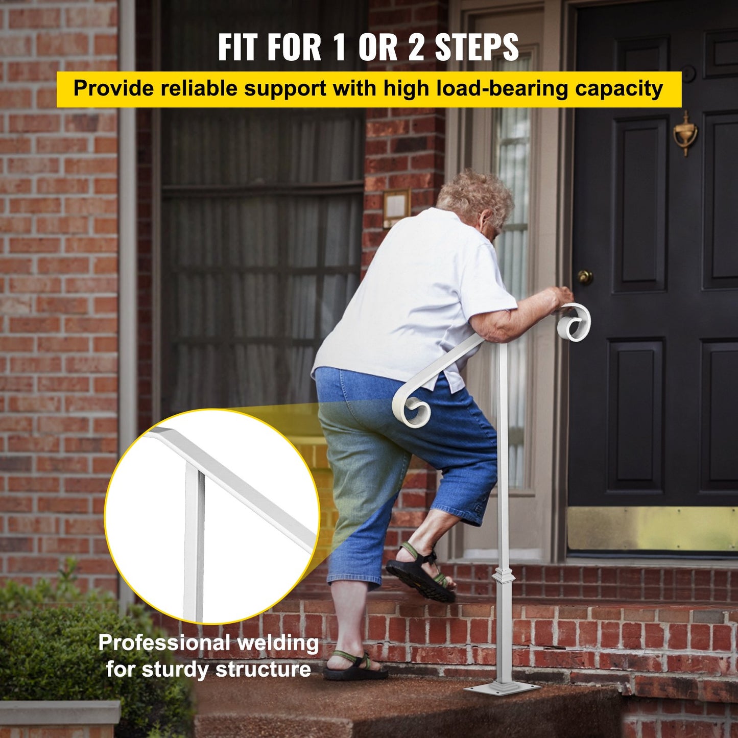 Single Post Handrail White Wrought Iron Post Mount Step Grab Supports Fits 1 or 2 Steps Grab Rail Single Post Railing