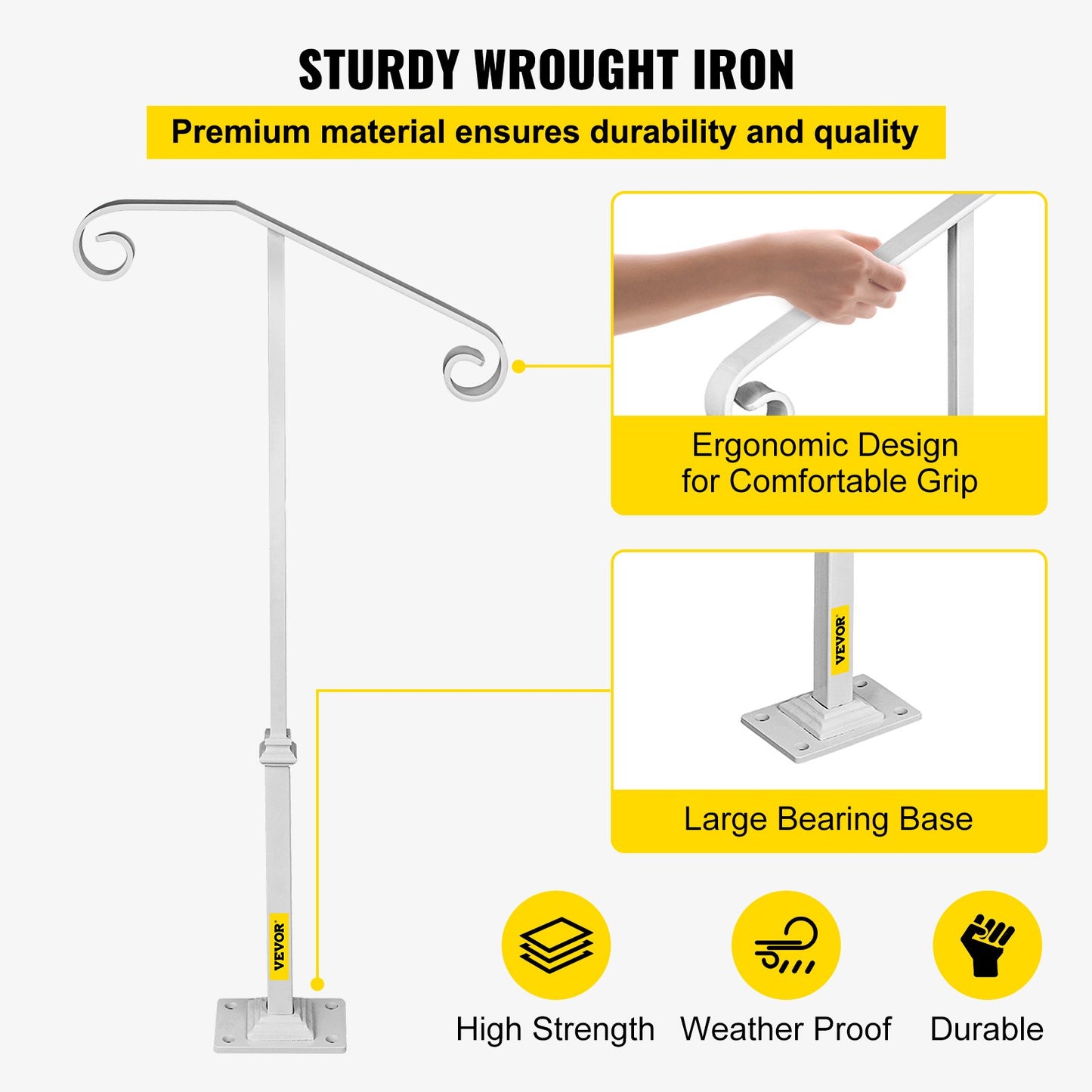 Single Post Handrail White Wrought Iron Post Mount Step Grab Supports Fits 1 or 2 Steps Grab Rail Single Post Railing