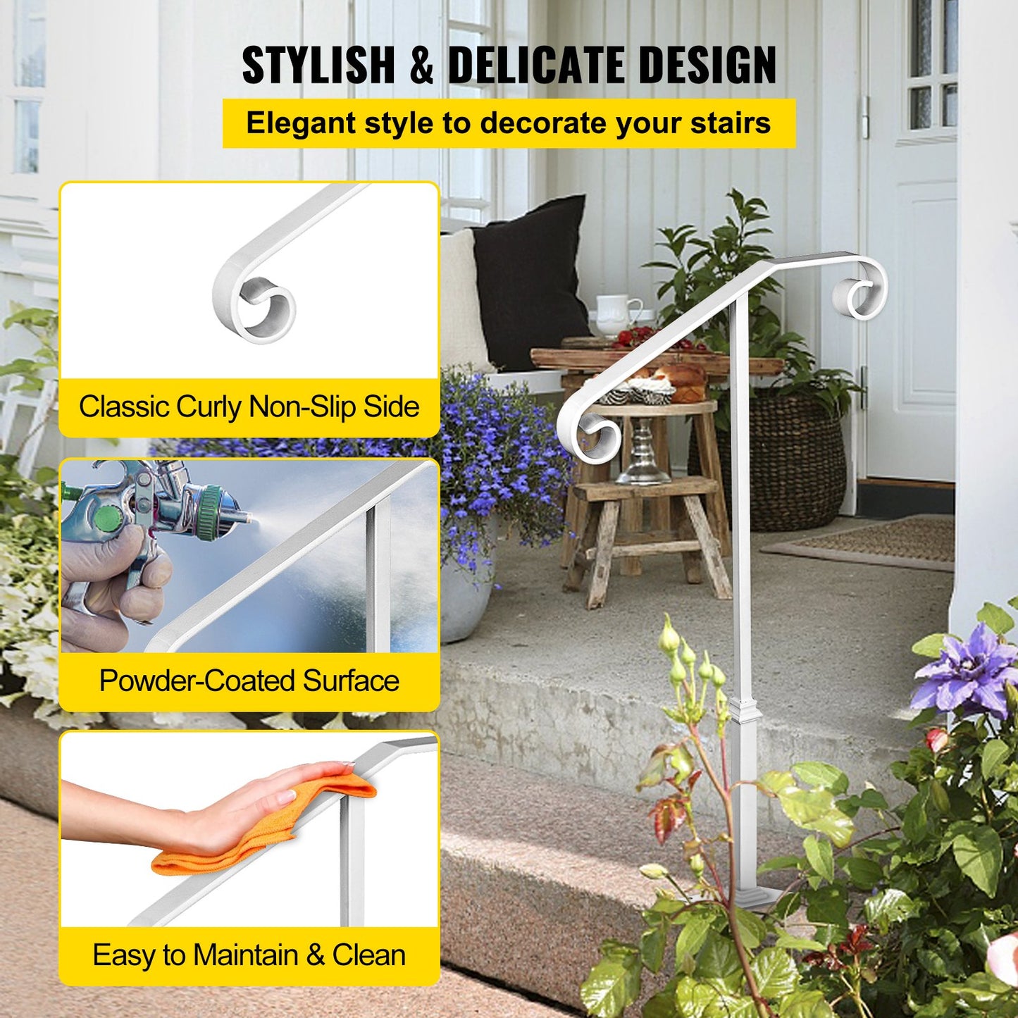 Single Post Handrail White Wrought Iron Post Mount Step Grab Supports Fits 1 or 2 Steps Grab Rail Single Post Railing