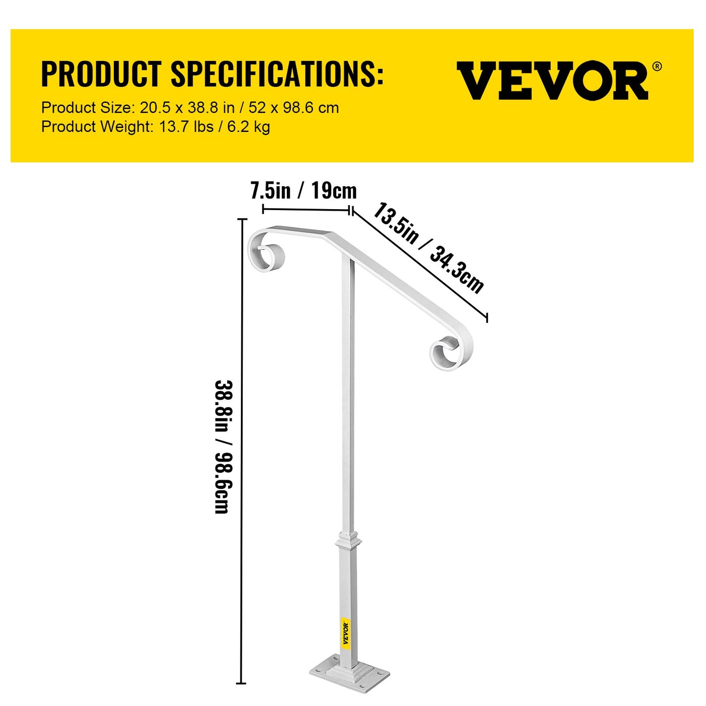 Single Post Handrail White Wrought Iron Post Mount Step Grab Supports Fits 1 or 2 Steps Grab Rail Single Post Railing