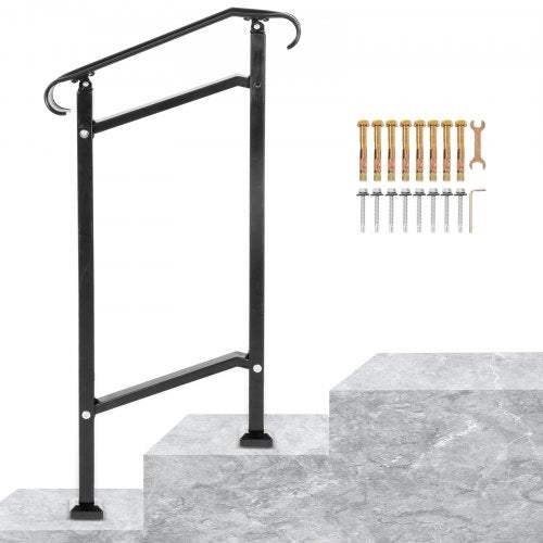 Outdoor Stair Railing, Fit 1 or 2 Steps Wrought Iron Handrail, Adjustable Front Porch Hand Railings, Black Transitional Hand Rail for Concrete Steps or Wooden Stairs with Installation Kit