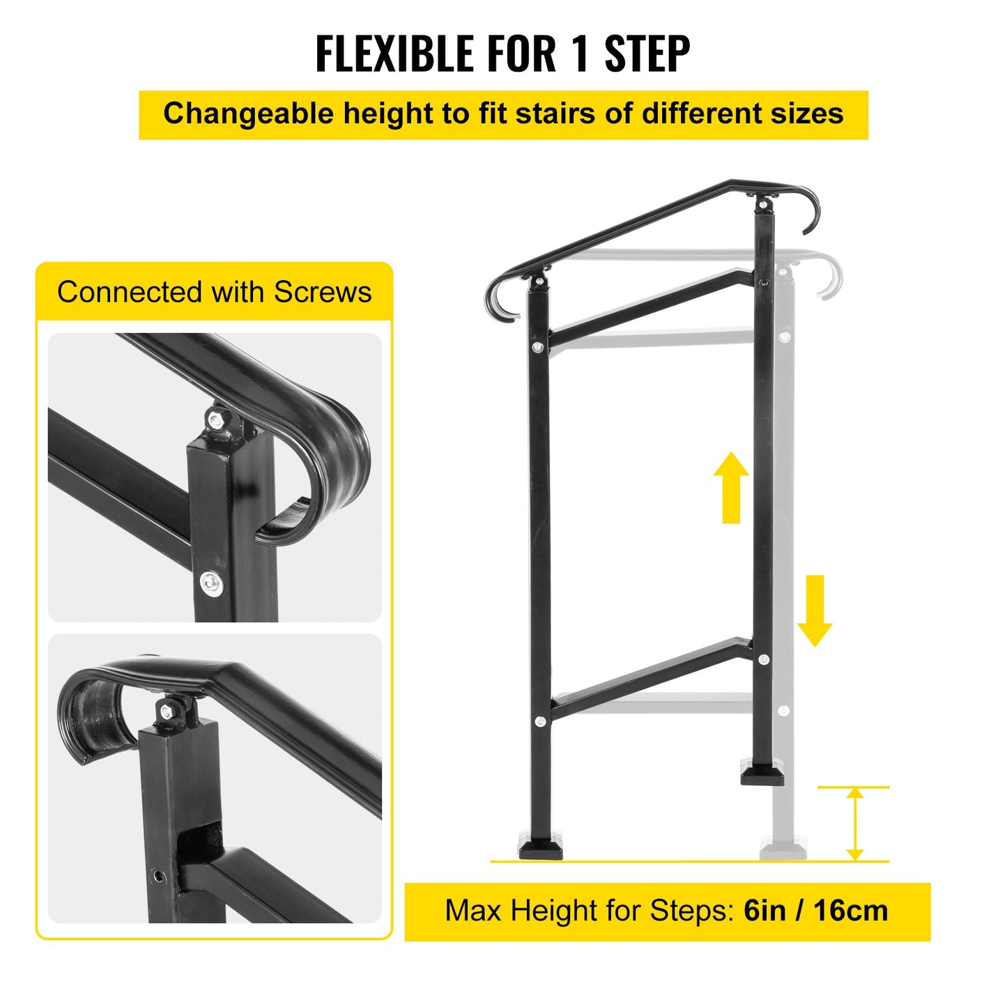 Outdoor Stair Railing, Fit 1 or 2 Steps Wrought Iron Handrail, Adjustable Front Porch Hand Railings, Black Transitional Hand Rail for Concrete Steps or Wooden Stairs with Installation Kit