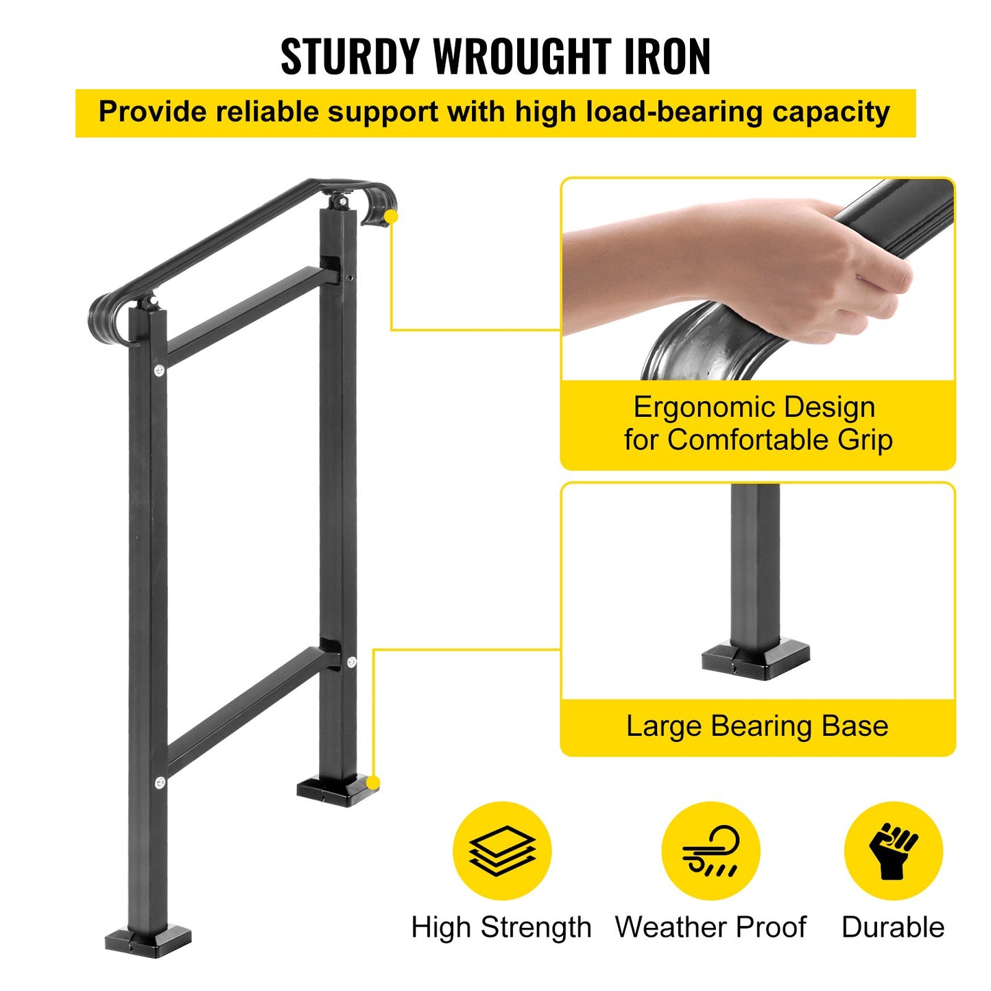 Outdoor Stair Railing, Fit 1 or 2 Steps Wrought Iron Handrail, Adjustable Front Porch Hand Railings, Black Transitional Hand Rail for Concrete Steps or Wooden Stairs with Installation Kit