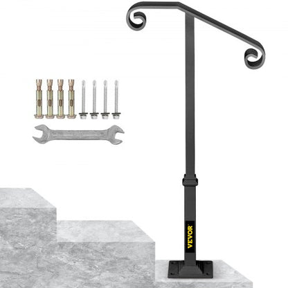Handrails for Outdoor Steps, Fit 1 or 2 Steps Outdoor Stair Railing, Single Post Wrought Iron Handrail, Gray Transitional Porch Railings for Concrete Steps or Wooden Stairs with Base