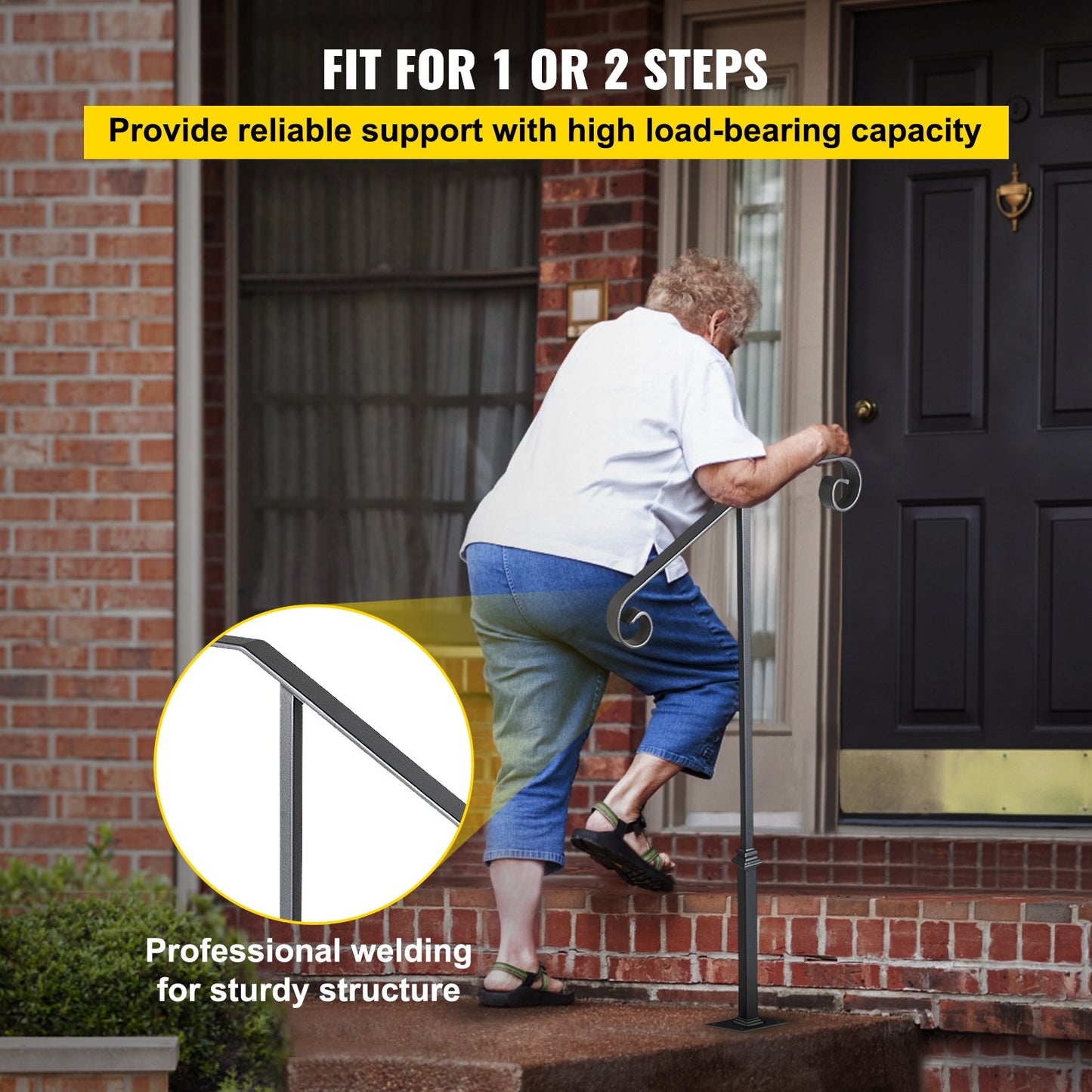 Handrails for Outdoor Steps, Fit 1 or 2 Steps Outdoor Stair Railing, Single Post Wrought Iron Handrail, Gray Transitional Porch Railings for Concrete Steps or Wooden Stairs with Base