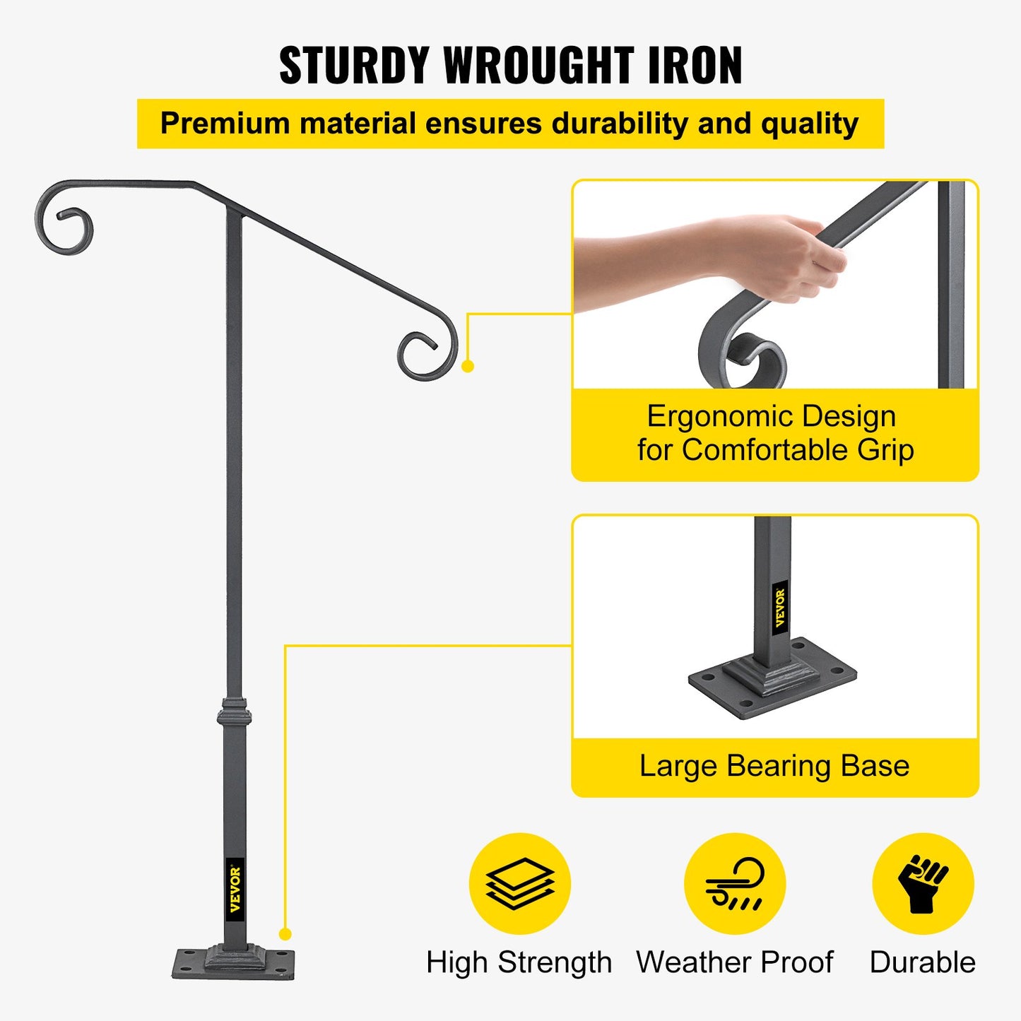 Handrails for Outdoor Steps, Fit 1 or 2 Steps Outdoor Stair Railing, Single Post Wrought Iron Handrail, Gray Transitional Porch Railings for Concrete Steps or Wooden Stairs with Base