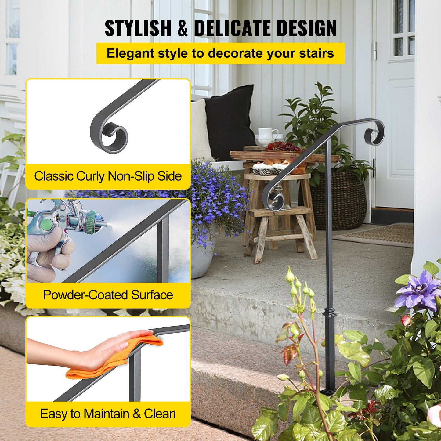 Handrails for Outdoor Steps, Fit 1 or 2 Steps Outdoor Stair Railing, Single Post Wrought Iron Handrail, Gray Transitional Porch Railings for Concrete Steps or Wooden Stairs with Base