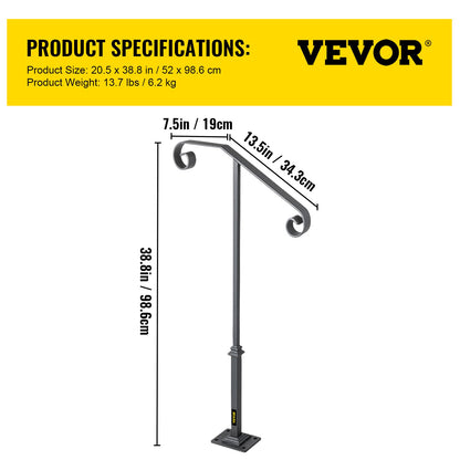 Handrails for Outdoor Steps, Fit 1 or 2 Steps Outdoor Stair Railing, Single Post Wrought Iron Handrail, Gray Transitional Porch Railings for Concrete Steps or Wooden Stairs with Base