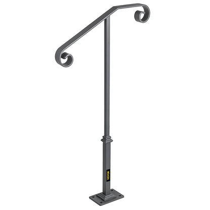 Handrails for Outdoor Steps, Fit 1 or 2 Steps Outdoor Stair Railing, Single Post Wrought Iron Handrail, Gray Transitional Porch Railings for Concrete Steps or Wooden Stairs with Base