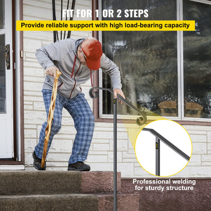 Single Post Handrail Wrought Iron Post Mount Step Grab Supports in Ground Long Post Fits 1 or 2 Steps Grab Rail Single Post Railing (Gray)
