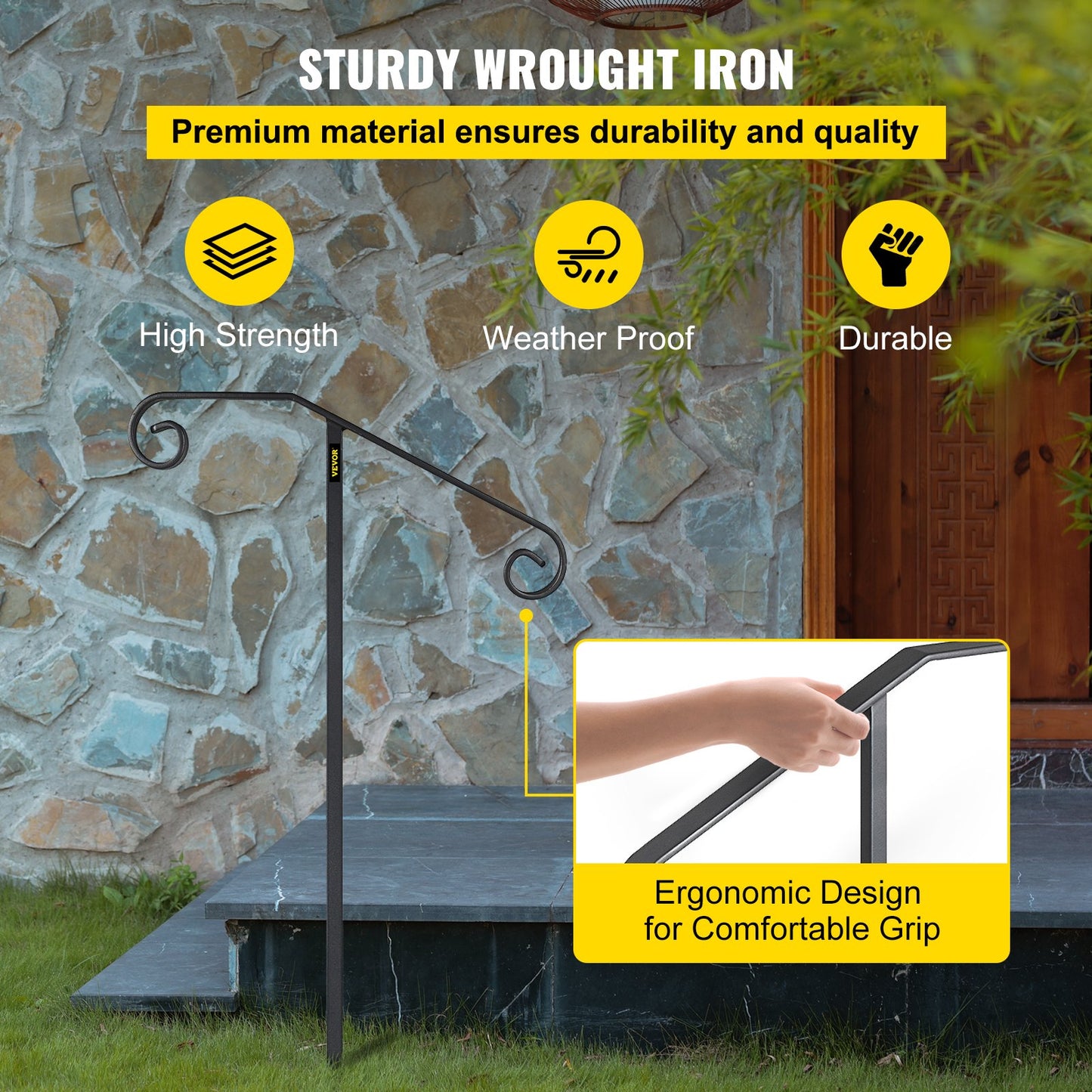 Single Post Handrail Wrought Iron Post Mount Step Grab Supports in Ground Long Post Fits 1 or 2 Steps Grab Rail Single Post Railing (Gray)