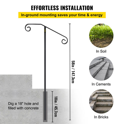 Single Post Handrail Wrought Iron Post Mount Step Grab Supports in Ground Long Post Fits 1 or 2 Steps Grab Rail Single Post Railing (Gray)