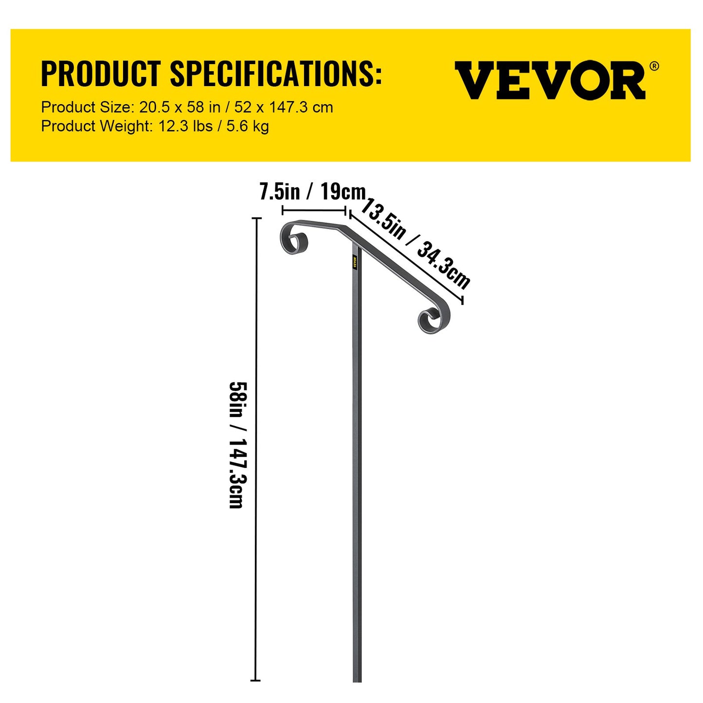 Single Post Handrail Wrought Iron Post Mount Step Grab Supports in Ground Long Post Fits 1 or 2 Steps Grab Rail Single Post Railing (Gray)