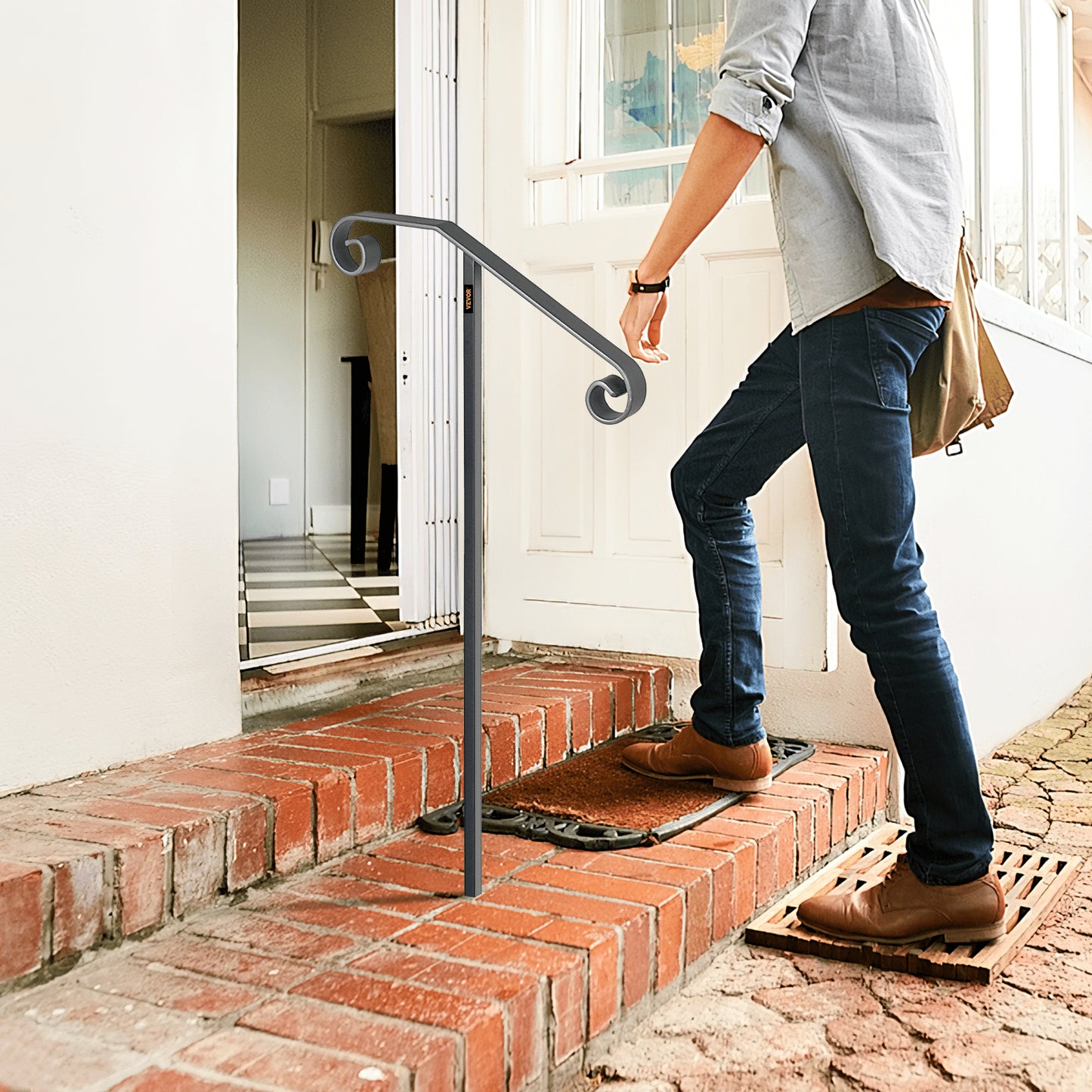 Single Post Handrail Wrought Iron Post Mount Step Grab Supports in Ground Long Post Fits 1 or 2 Steps Grab Rail Single Post Railing (Gray)