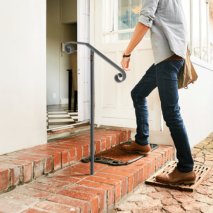 Single Post Handrail Wrought Iron Post Mount Step Grab Supports in Ground Long Post Fits 1 or 2 Steps Grab Rail Single Post Railing (Gray)