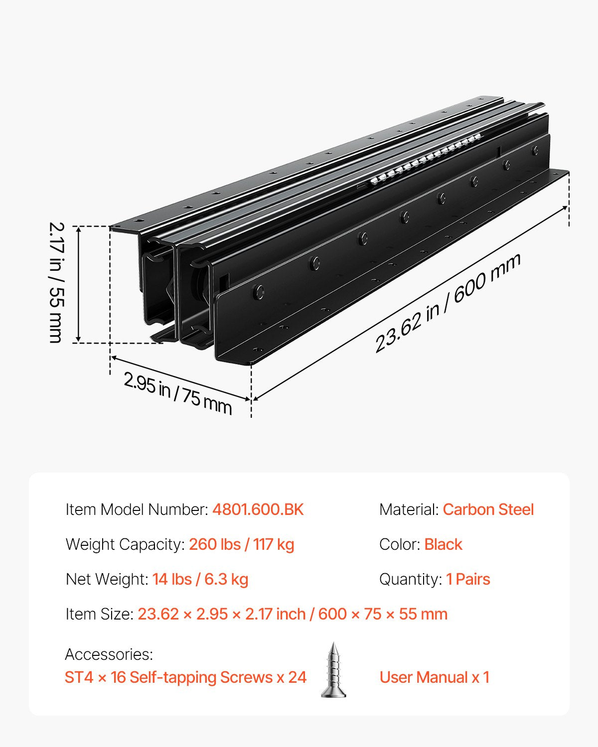 Unterbau-Schubladenführungen, 24 Zoll, unter Treppenschrankschienen, 260 LB Tragkraft