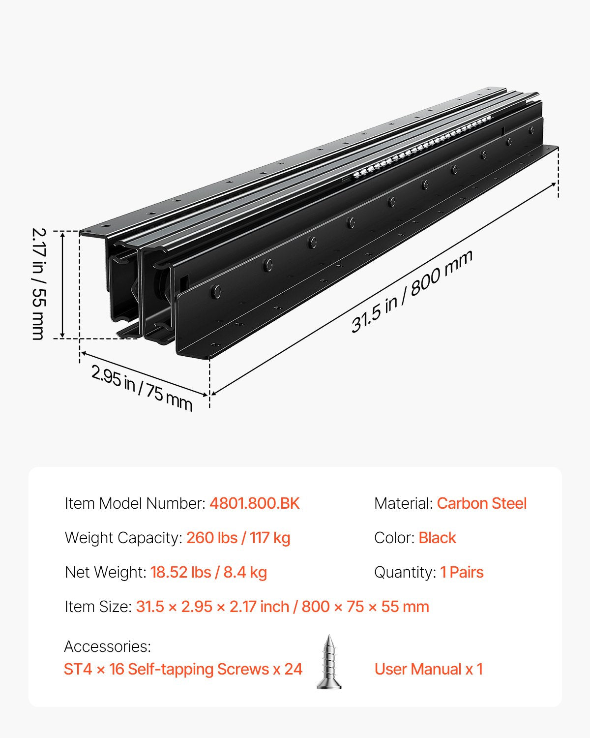 Unterbau-Schubladenführungen 32 Zoll Untertreppen-Schrankschienen 260 LB Last