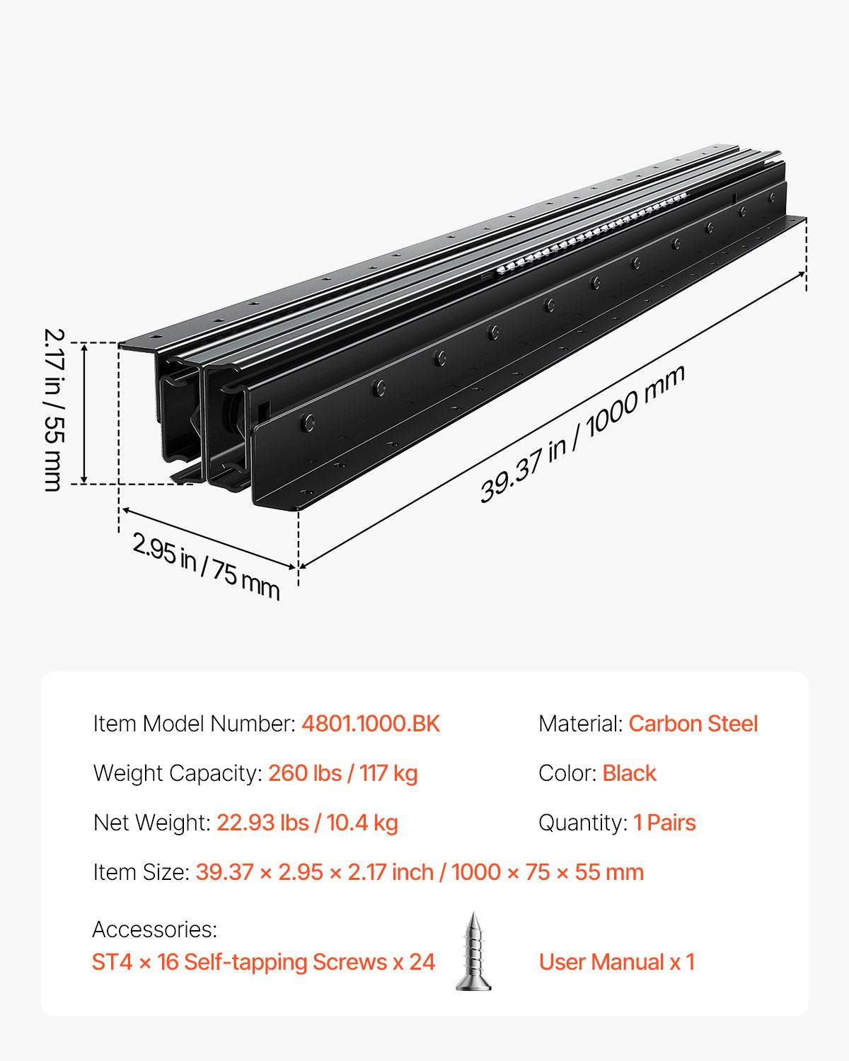 Unterbau-Schubladenführungen, 40 Zoll, unter Treppen, Schrankschienen, 260 Pfund Tragkraft