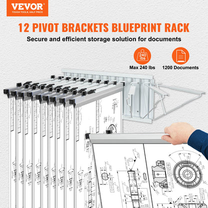 Wall Mount Blueprint Storage Rack – Holds up to 1200 Blueprints, Hanging Blueprint Holder with 12 Pivot Brackets, for 24", 30", 36", or 42" Clamps(Rack Only Without Clamps)- Heavy Duty(240lbs)