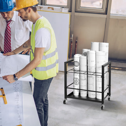 Blueprint Storage Rack, 12 Slots Blueprint Holder with Wheels, Mobile Metal Blueprint Storage Cart for Map Poster Architectural Construction Plan, Roll File Organizer for Home, Office, School