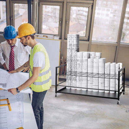 Blueprint Storage Rack, 50 Slots Blueprint Holder with Wheels, Mobile Metal Blueprint Storage Cart for Construction Plan Map Poster Architectural, Roll File Holder for Home, Office, School