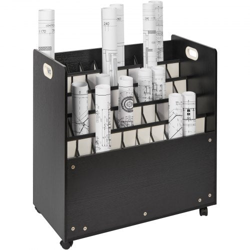 Blueprint Storage Rack, 50 Slots Mobile Blueprint Storage Cabinet, Wooden Roll File Organizer Cart for Construction Plan Map Poster Architectural, Blueprint File Holder for Home, Office, School