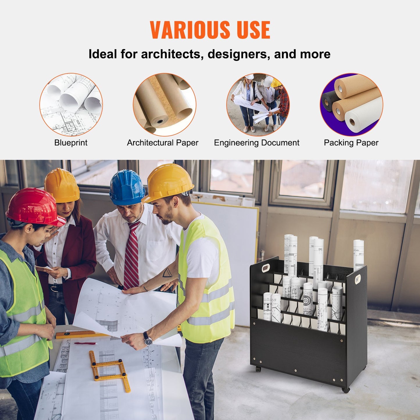 Blueprint Roll Filhållare 50 Slots Mobil Trä Blueprint Storage Cart