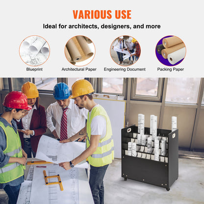 Blueprint Roll Filhållare 50 Slots Mobil Trä Blueprint Storage Cart