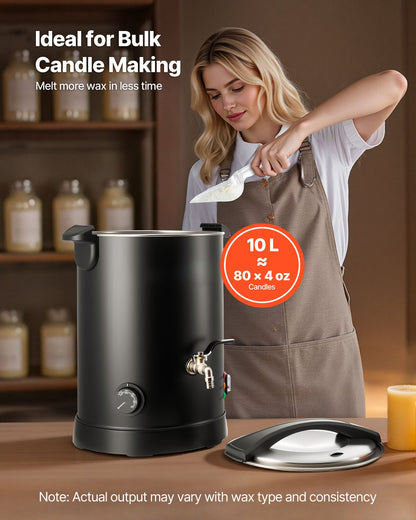 Wax Melter for Candle Making, 10.6 Qts, Fast and Even Heating, with Easy Pour Spout and Temperature Control, Hourglass Base for Non-Stick Smooth Flow, Wax Melting Pot for Making Candles Soaps