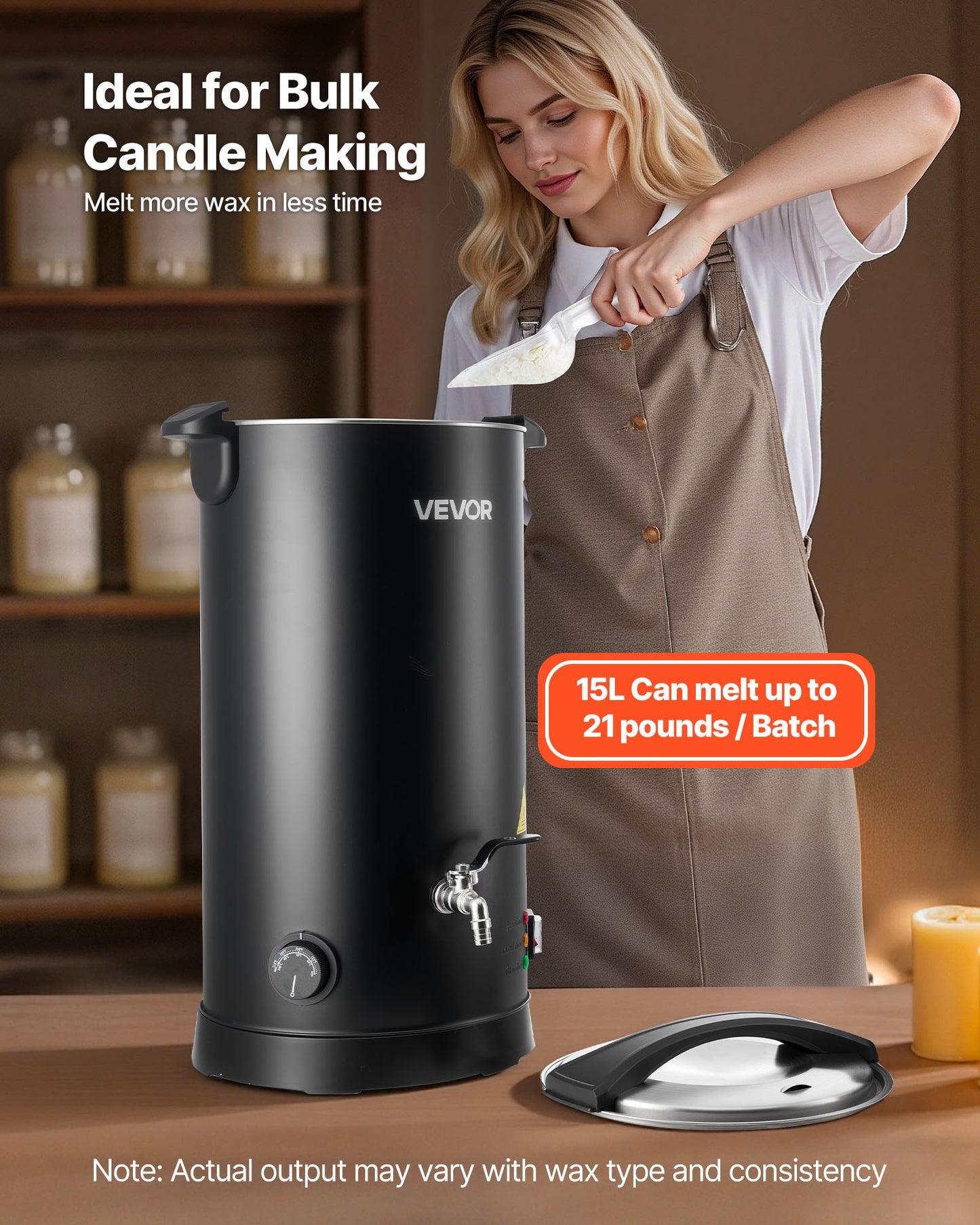 Wax Melter for Candle Making, 15.9 Qts, Fast and Even Heating, with Easy Pour Spout and Temperature Control, Hourglass Base for Non-Stick Smooth Flow, Wax Melting Pot for Making Candles Soaps