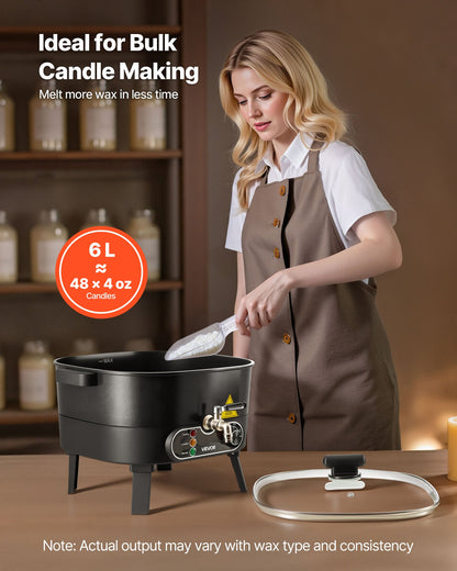 Wax Melter for Candle Making, 6.3 Qts, Fast and Even Heating, with Easy Pour Spout and Temperature Control, Grooved Base for Non-Stick and Smooth Flow, Wax Melting Pot for Making Candles Soaps