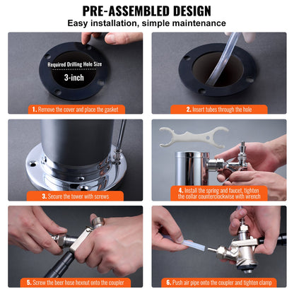 Kegerator Tower Kit, Single Tap Beer Conversion Kit, Stainless Steel Keg Beer Tower Dispenser with Dual Gauge CGA320 Regulator & D-System Keg Coupler, Self-Closing Spring for Party Bar Home