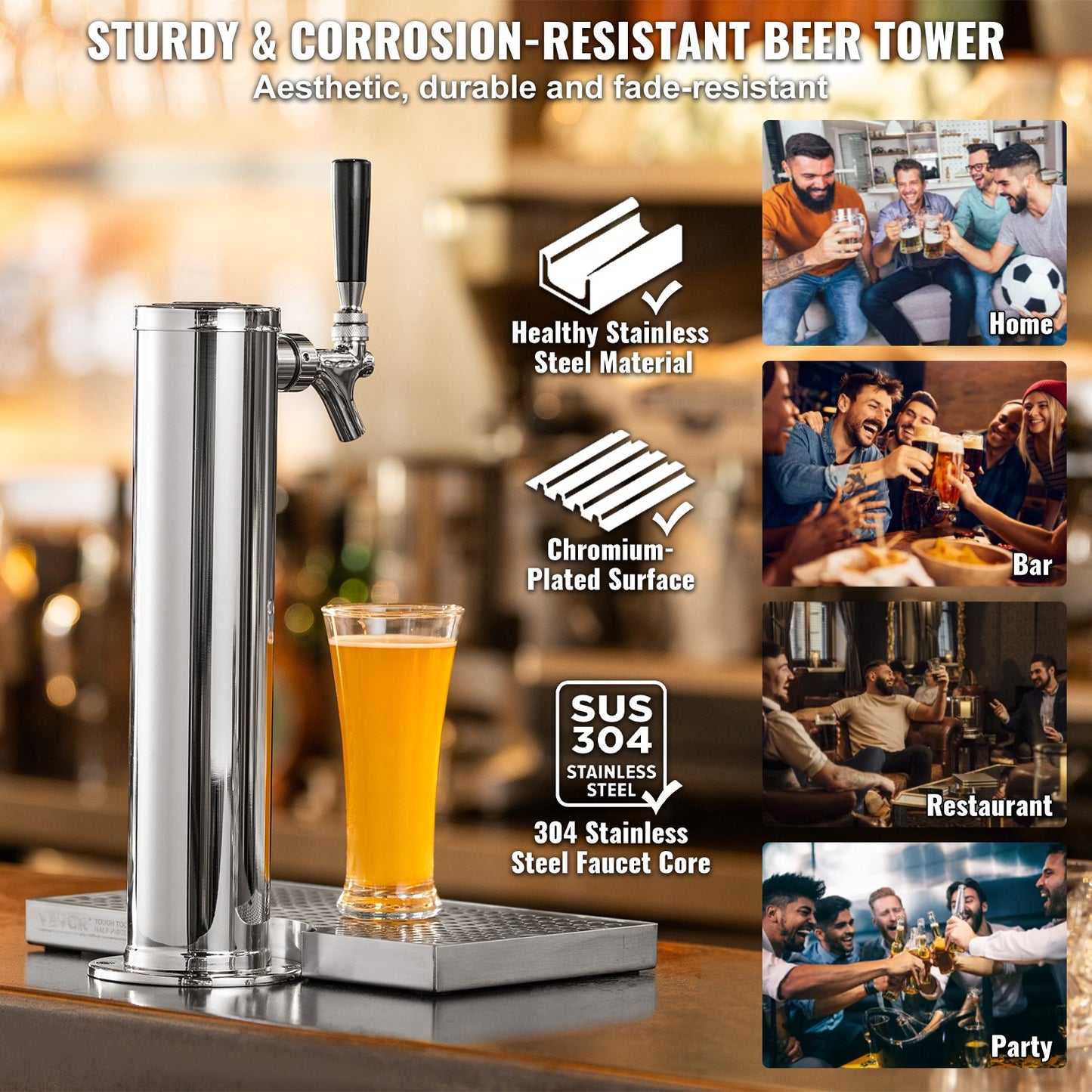 Kegerator Tower Kit, Single Tap Beer Conversion Kit, Stainless Steel Keg Beer Tower Dispenser with Dual Gauge CGA320 Regulator & D-System Keg Coupler, Beer Drip Tray for Party Home