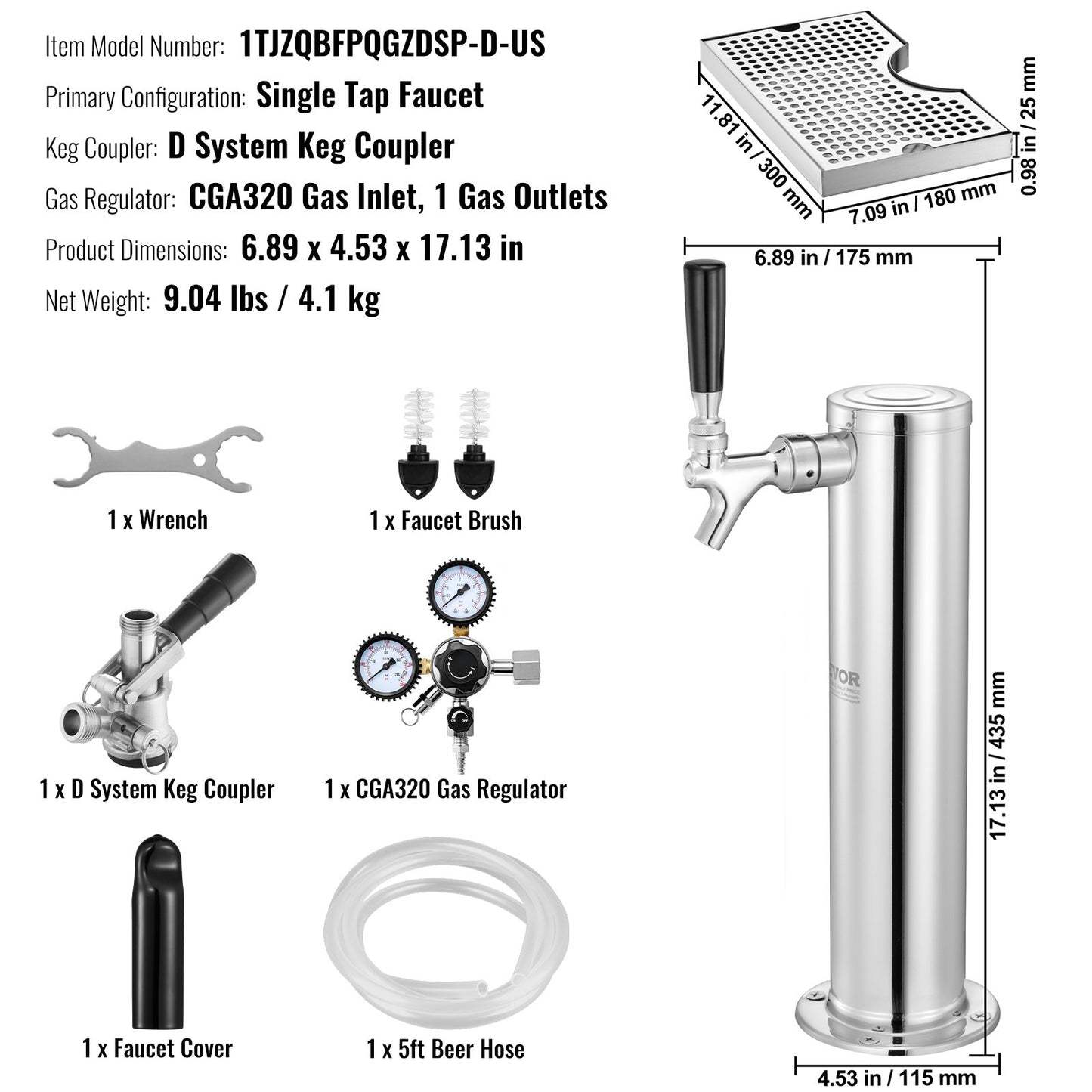 Kegerator Tower Kit, Single Tap Beer Conversion Kit, Stainless Steel Keg Beer Tower Dispenser with Dual Gauge CGA320 Regulator & D-System Keg Coupler, Beer Drip Tray for Party Home