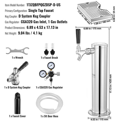 Kegerator Tower Kit, Single Tap Beer Conversion Kit, Stainless Steel Keg Beer Tower Dispenser with Dual Gauge CGA320 Regulator & D-System Keg Coupler, Beer Drip Tray for Party Home