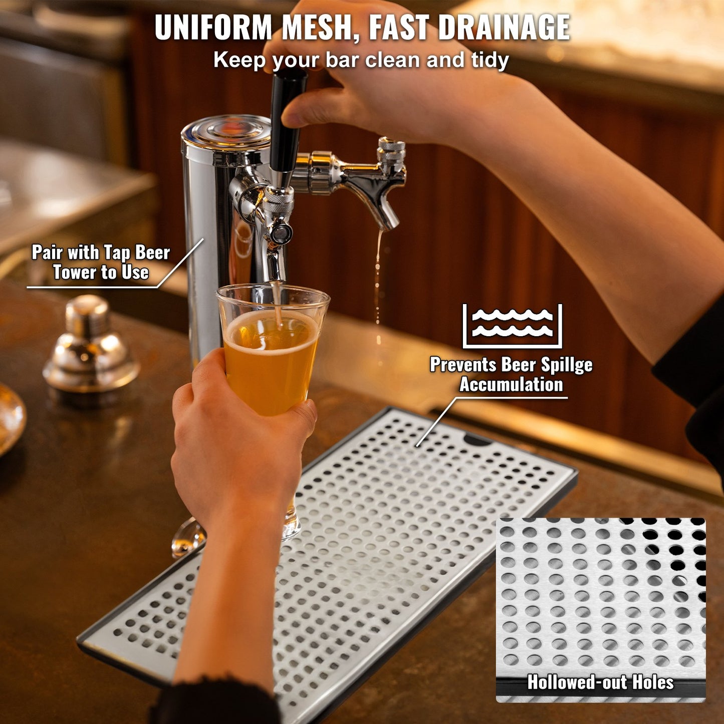 Kegerator Beer Drip Tray, 304 Stainless Steel Keg Drip Trays with 4 Non-Slip Rubber Pads and Detachable Cover, Heat / Cold Resistant Beer Tower Drip Pan for Bar Restaurant Coffee Shop Home
