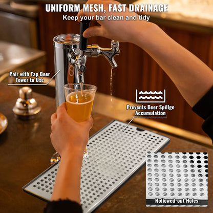 Kegerator Beer Drip Tray, 304 Stainless Steel Keg Drip Trays with 4 Non-Slip Rubber Pads and Detachable Cover, Heat / Cold Resistant Beer Tower Drip Pan for Bar Restaurant Coffee Shop Home
