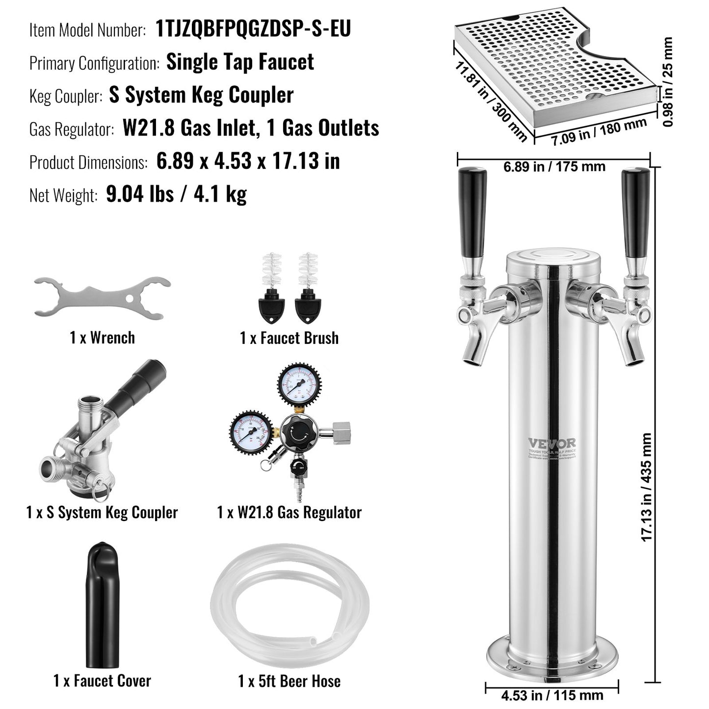 Kegerator Tower Kit, Single Tap Beer Conversion Kit, Keg Beer Tower Dispenser i rostfritt stål med Dual Gauge W21.8 Regulator & S-System Keg Coupler, öldroppbricka för festhem